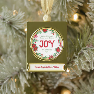 Floral Wreath Red Gold Joy Elegant Merry Christmas Plated Banner Ornament