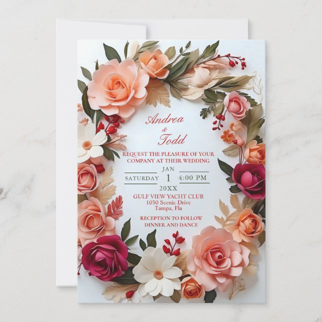 Floral wreath roses daisies wedding invitation (Front)