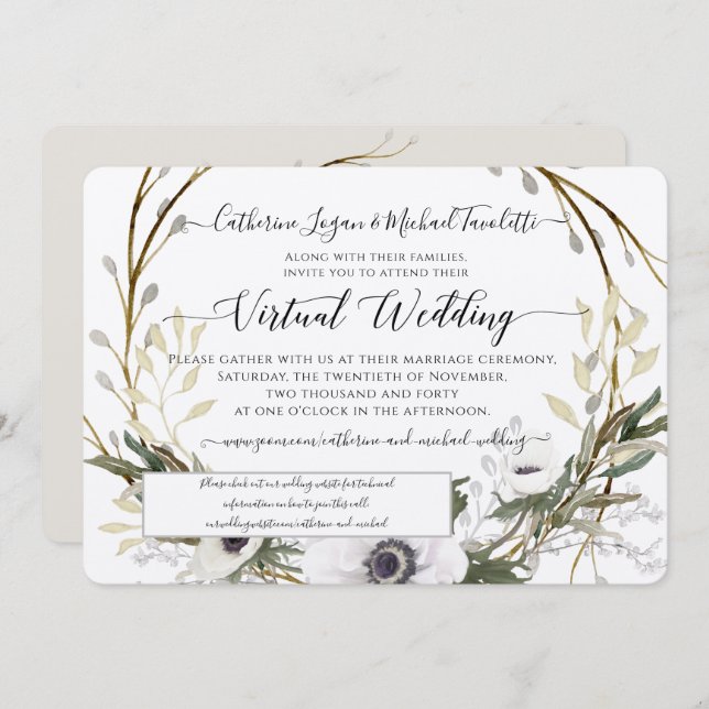 Floral Wreath Rustic Grey White Virtual Wedding Invitation (Front/Back)