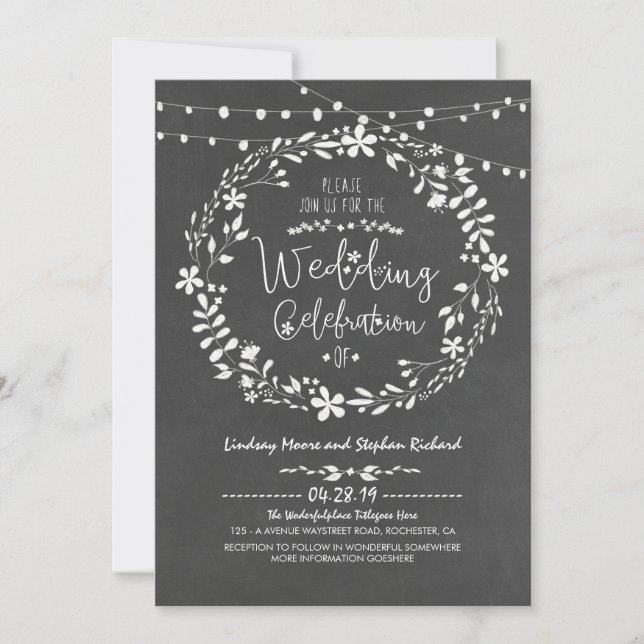 Floral Wreath Rustic String Lights Wedding Invites (Front)