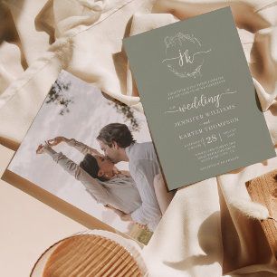 Floral Wreath Sage Green Monogram Photo Wedding  Invitation