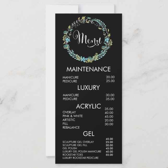 Floral Wreath Salon Menu Price List Card (Front)