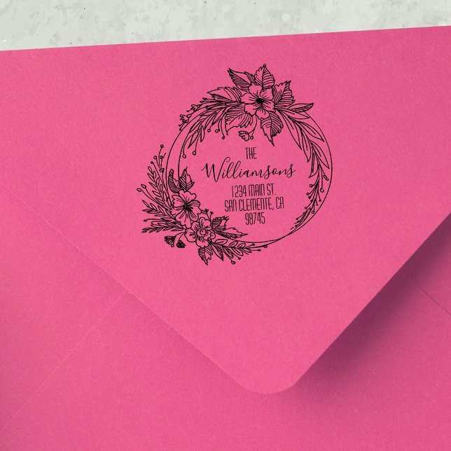 Floral Wreath Script Family Return Address Rubber Stamp (Creator Uploaded)