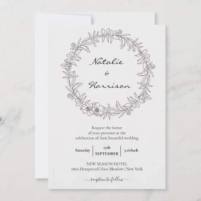 Floral Wreath | Sketch Peony Wedding Celebration Invitation (Front)