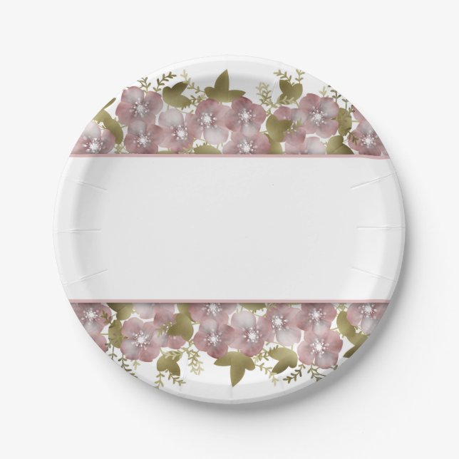 Floral wreath spring summer pink flowers green lea paper plate (Front)