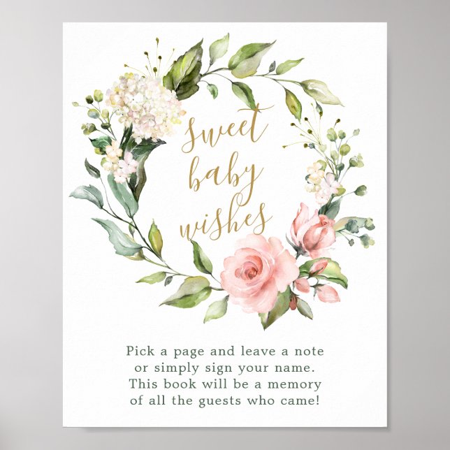 Floral wreath Sweet Baby Wishes Guest Book Sign (Front)