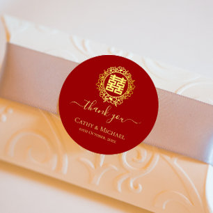 Floral wreath thank you red Chinese wedding Classic Round Sticker
