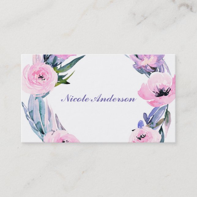 Floral Wreath Watercolor Elegant Chic Flowers Business Card (Front)