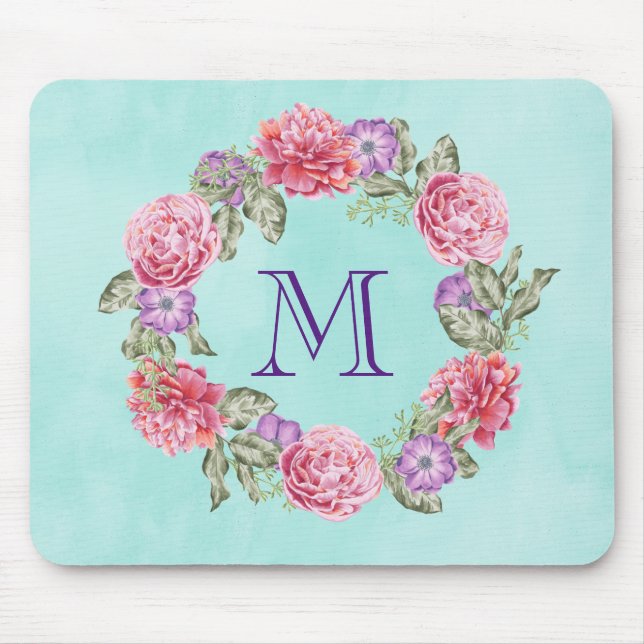 Floral Wreath Watercolor Flowers Custom Monogram Mouse Pad (Front)