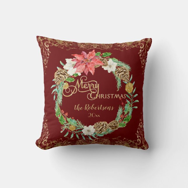 Floral Wreath Watercolor Merry Christmas Red Gold Cushion (Front)