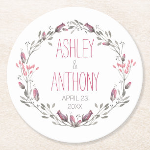 Floral Wreath Watercolor Wedding Round Paper Coaster
