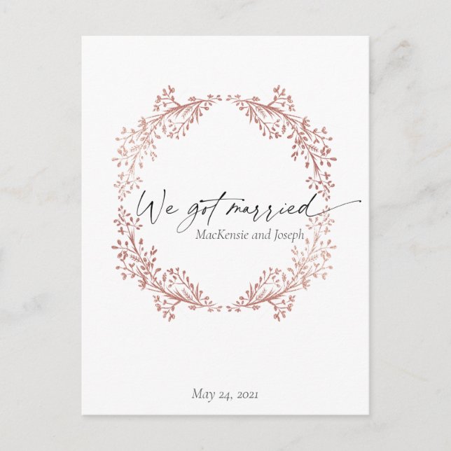 Floral Wreath We Got Married Announcement Invite Postcard (Front)