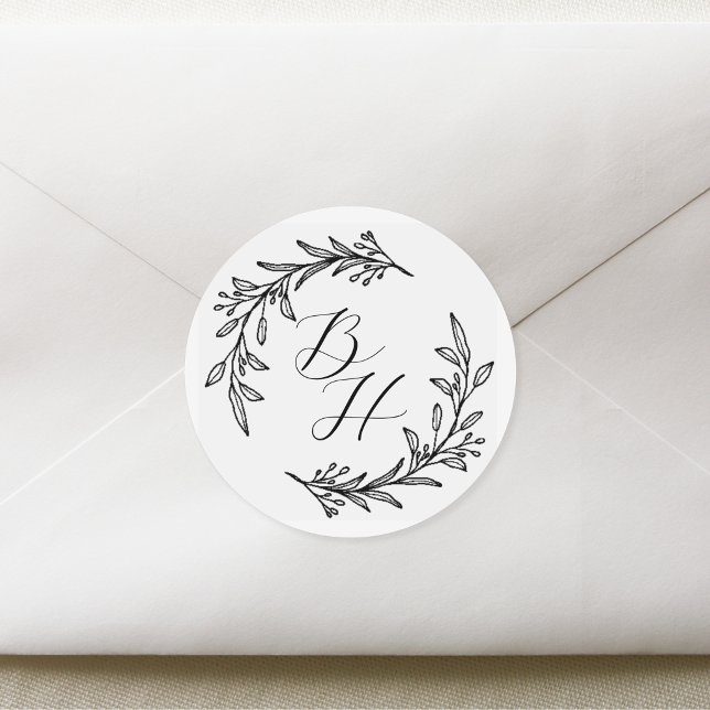 Floral Wreath Wedding Initial Monogram Classic Round Sticker (Creator Uploaded)
