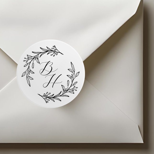 Floral Wreath Wedding Initial Monogram Classic Round Sticker (Creator Uploaded)