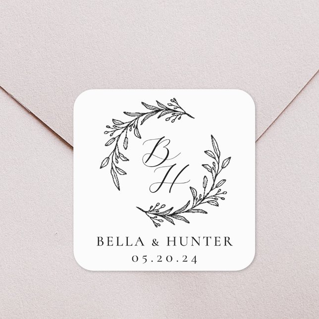 Floral Wreath Wedding Initial Monogram Square Sticker (Creator Uploaded)