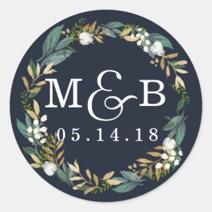 Floral Wreath Wedding Monogram Navy Sticker