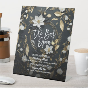 Floral Wreath Wedding The Bar is Open Drink Menu Pedestal Sign