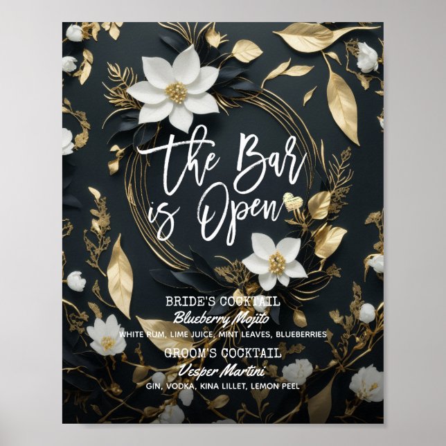 Floral Wreath Wedding The Bar is Open Drink Menu Poster (Front)