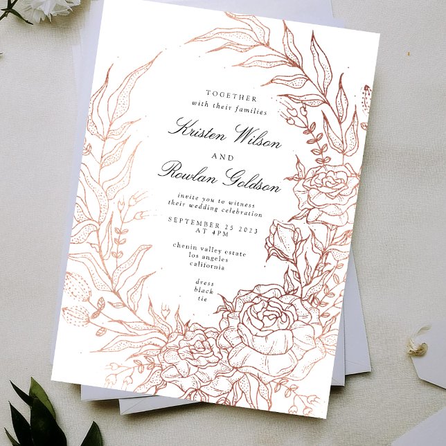 Floral Wreath White Black Emerald Copper Wedding Invitation (Creator Uploaded)