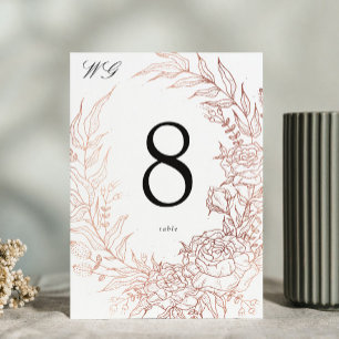 Floral Wreath White Black Emerald Copper Wedding Table Number
