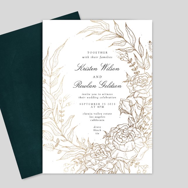 Floral Wreath White Black Emerald Gold Wedding Invitation (Creator Uploaded)