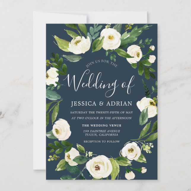 Floral Wreath White Flower Modern Wedding Invite (Front)