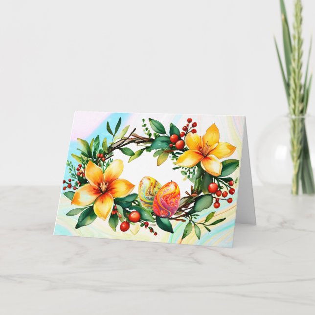 Floral Wreath with Easter Eggs Holiday Card (Front)