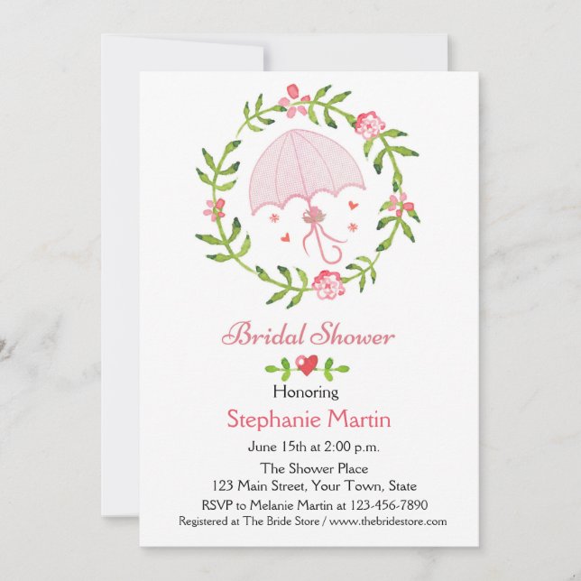 Floral Wreath with Pink Umbrella, Bridal Shower Invitation (Front)