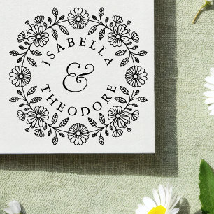 Floral Wreath Wooden Couple's Name Stamp