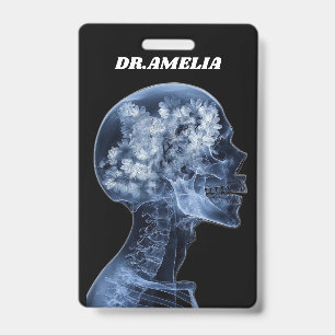 Floral Xray Skull Doctor Name Dark Medical Art ID Badge