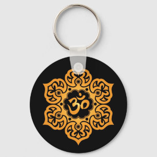 Floral Yellow and Black Aum Design Key Ring