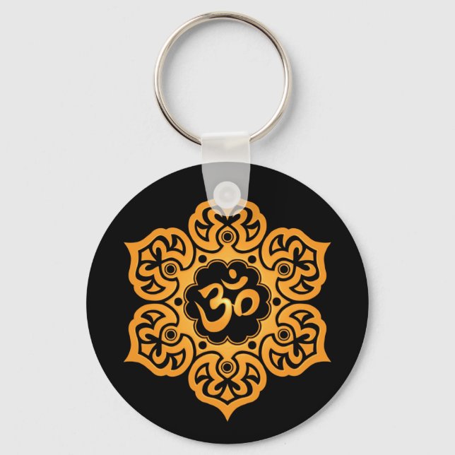 Floral Yellow and Black Aum Design Key Ring (Front)