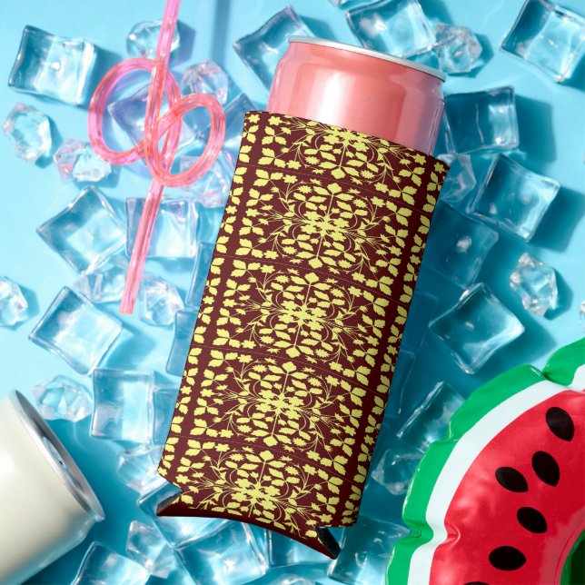 Floral yellow and brown silhouette pattern seltzer can cooler (In Situ Summer)