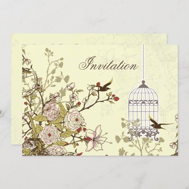 floral yellow bird cage, love birds invites (Front/Back)