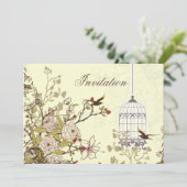 floral yellow bird cage, love birds invites (Standing Front)