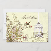 floral yellow bird cage, love birds invites (Front)