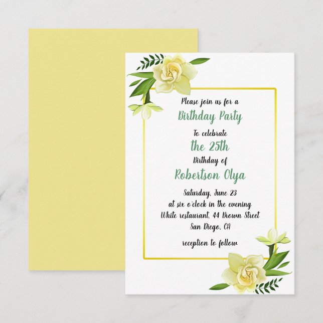 Floral Yellow Birthday Party Invitation (Front/Back)