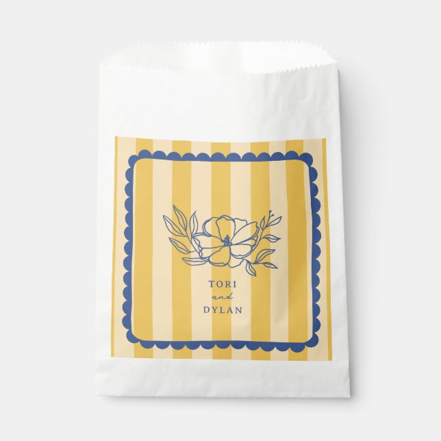 Floral Yellow Blue Botanical Stripe Wedding Favour Bags (Front)
