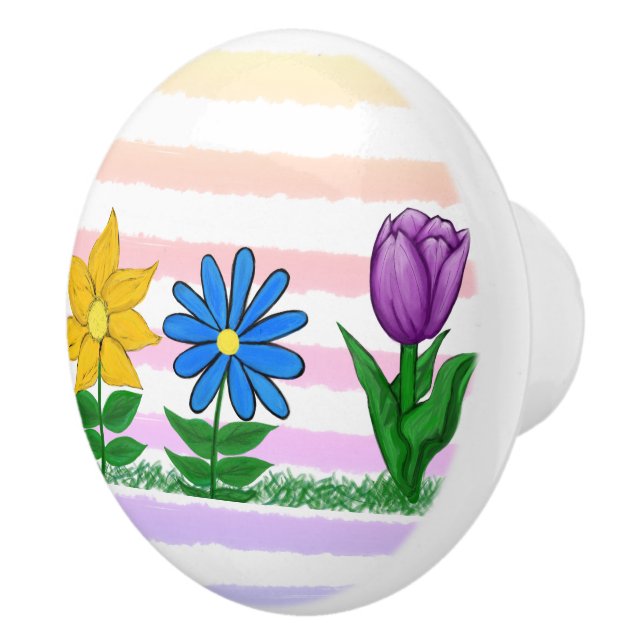 Floral Yellow Blue Purple Watercolor Stripes Ceramic Knob (Right)