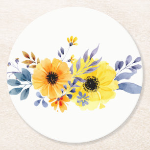 Floral Yellow & Blue Watercolor Flowers  - Wedding Round Paper Coaster