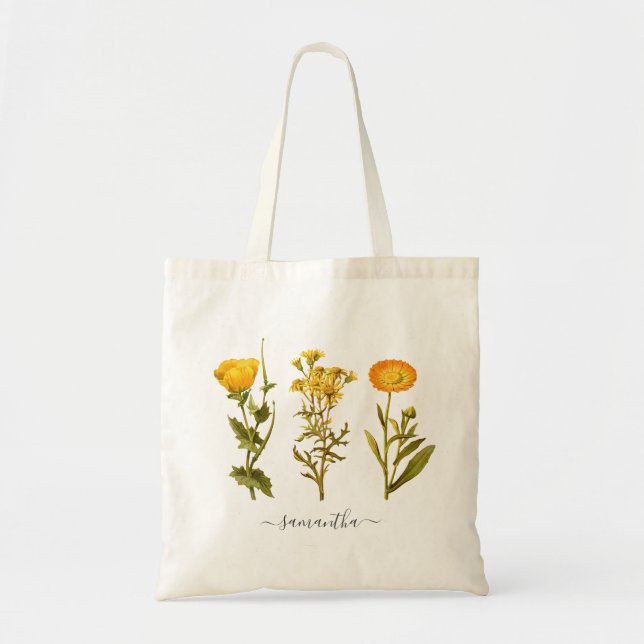 Floral Yellow Botanical Vintage Personalised Tote Bag (Front)
