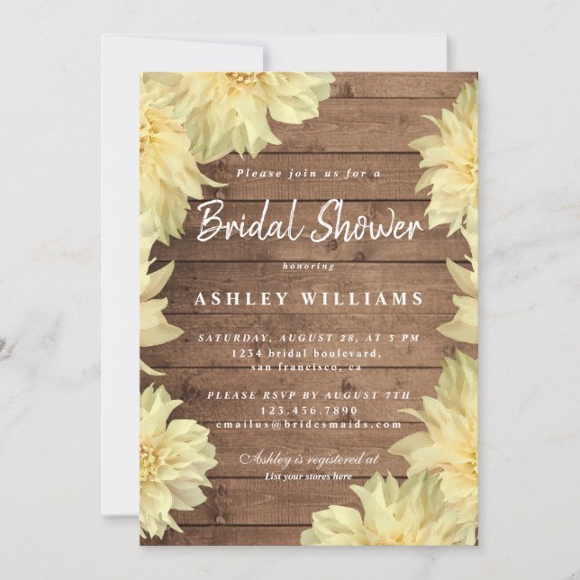 Floral Yellow Dahlia Rustic Wood Bridal Shower Invitation (Front)