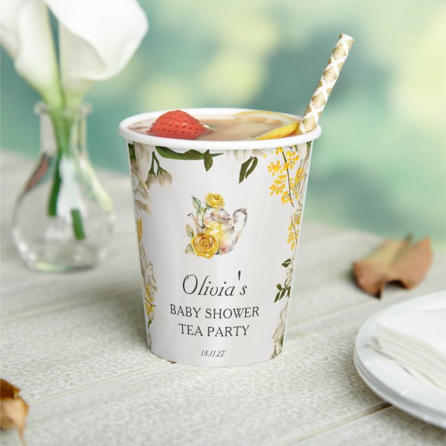 Floral Yellow Green Tea Party Baby Shower Paper Cups (Insitu)