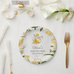 Floral Yellow Green Tea Party Baby Shower Paper Plate