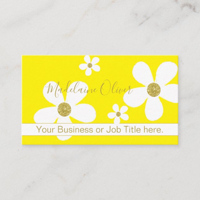 Floral Yellow Large White Daisy Gold Professional Business Card (Front)