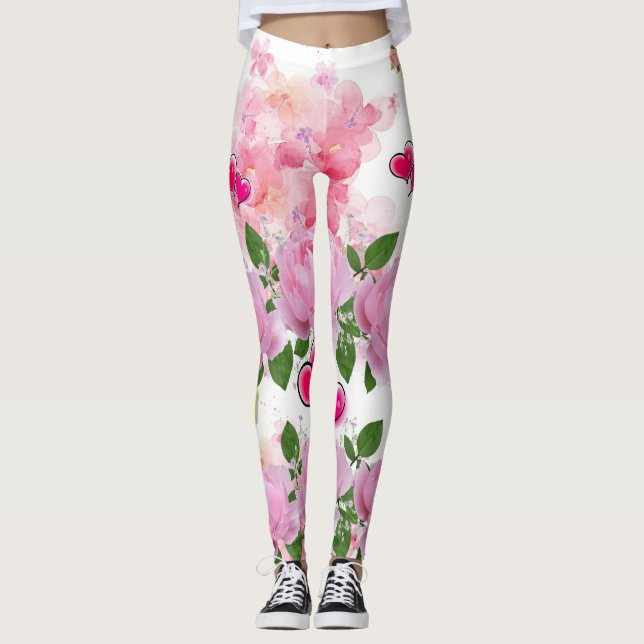 Floral Yellow Nail Polish Pink Hearts Leggings (Front)