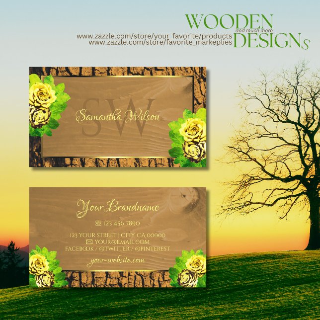 Floral Yellow Roses Wood Grain Tree Bark Initials Business Card (Creator Uploaded)