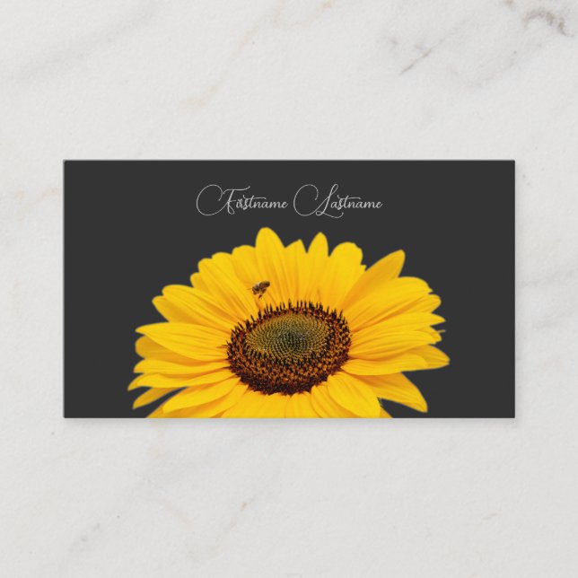 Floral yellow sunflower bee calligraphy dark grey business card (Front)