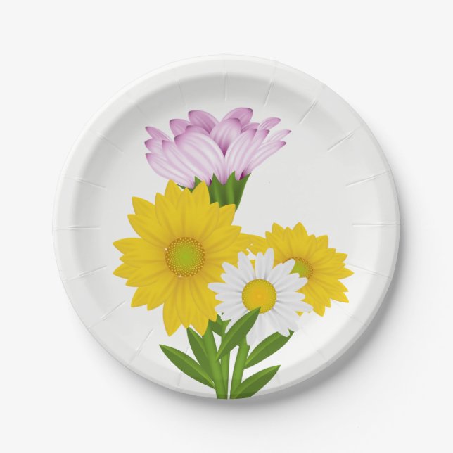 Floral Yellow Sunflower, Daisy Purple Flowers Paper Plate (Front)