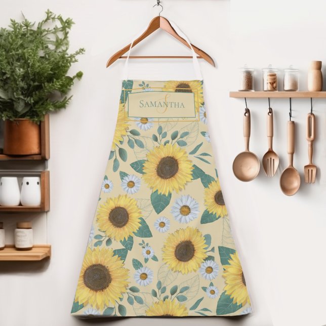 Floral Yellow Sunflower Monogram Name Apron (Indulge in the sunflower charm of our Womens apron.  Cook in style and let your name shine!)